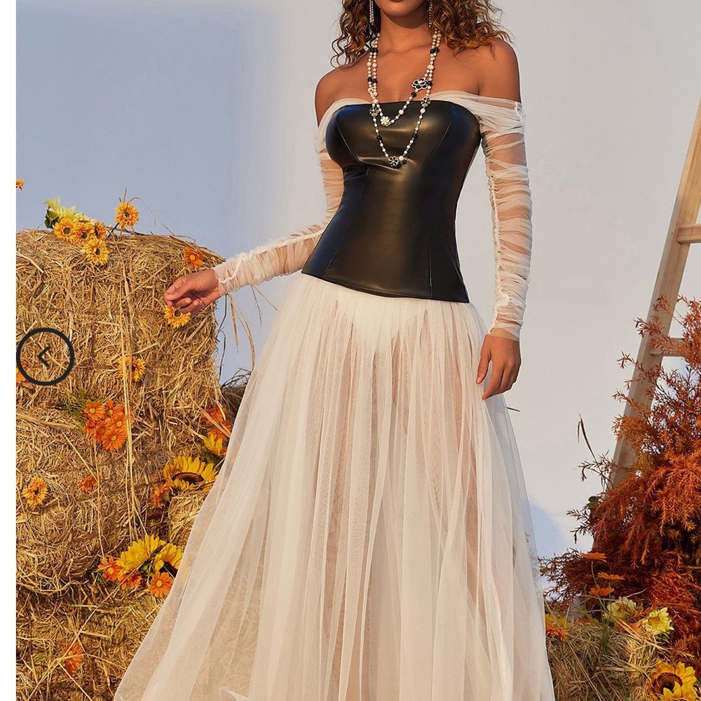 Gasira Tulle Maxi Dress Elegant Black and Cream Off-Shoulder Skirt